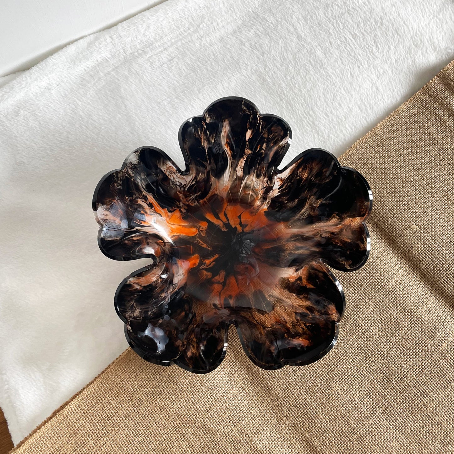 Black and orange marble effect resin bowl, handmade home décor