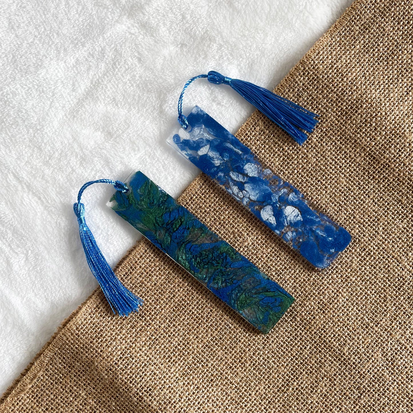 Handmade resin bookmark, blue green white marble style, perfect gift for readers