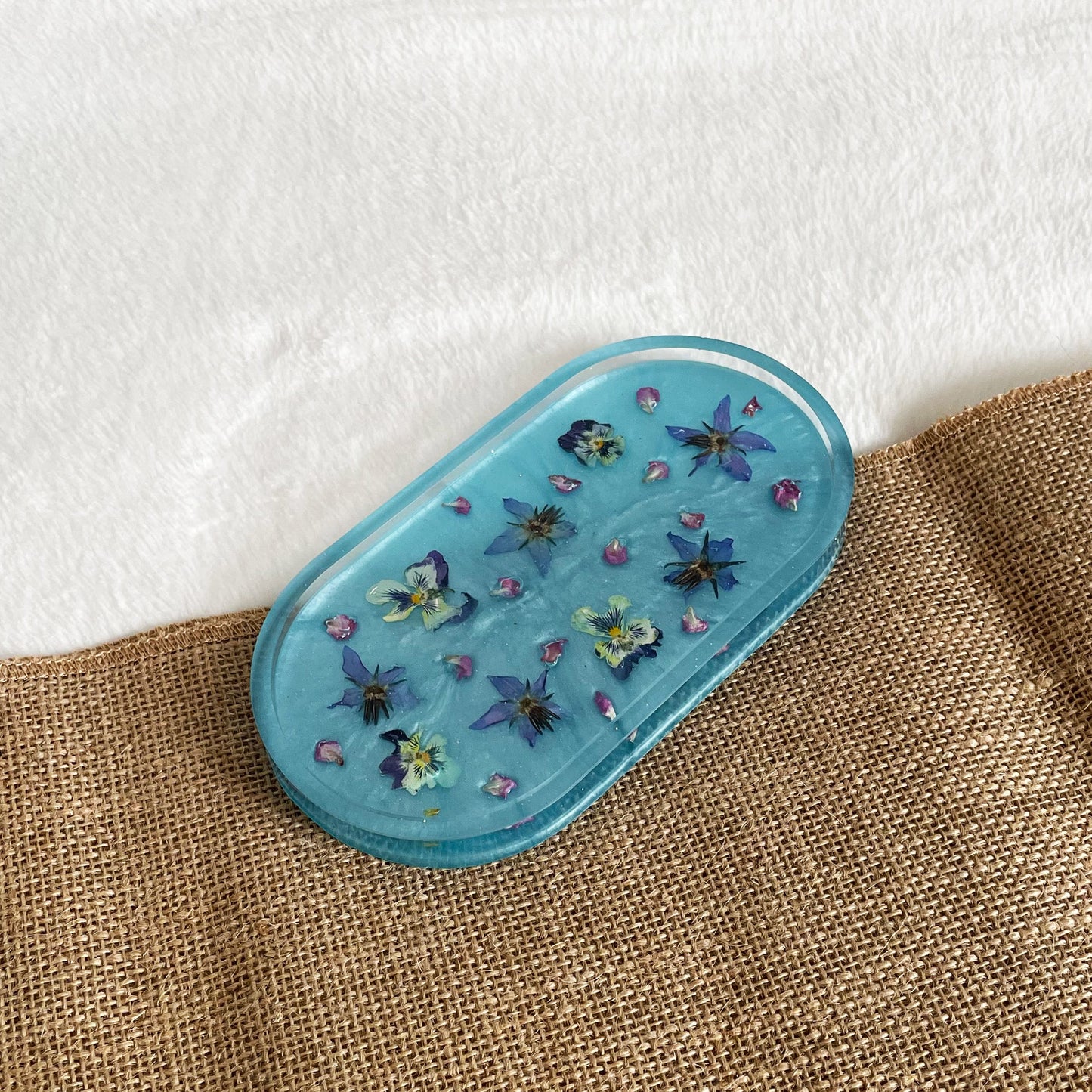 Handmade oval resin soap dish in sky blue with flowers