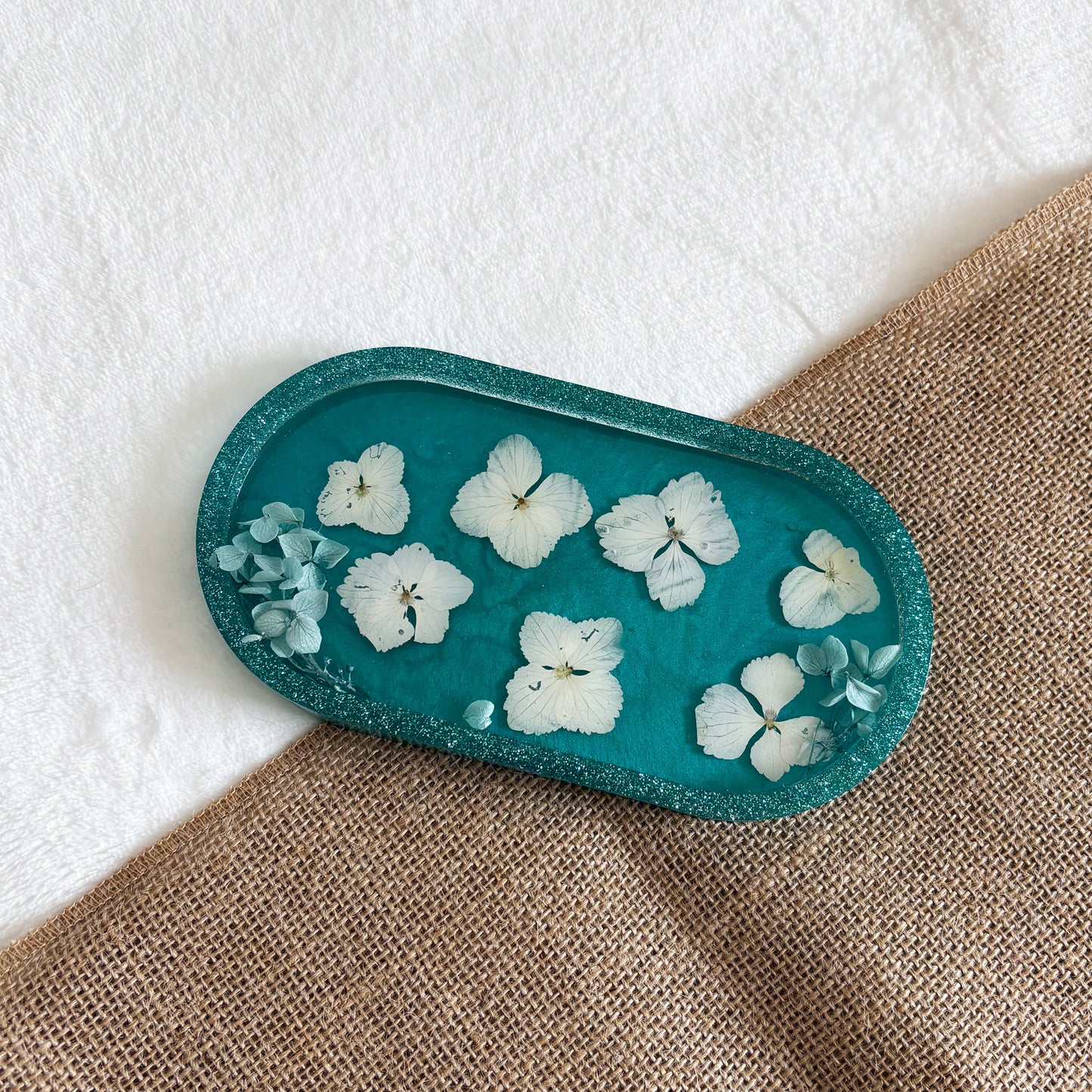 Resin jewellery holder, teal with white floral details, handmade