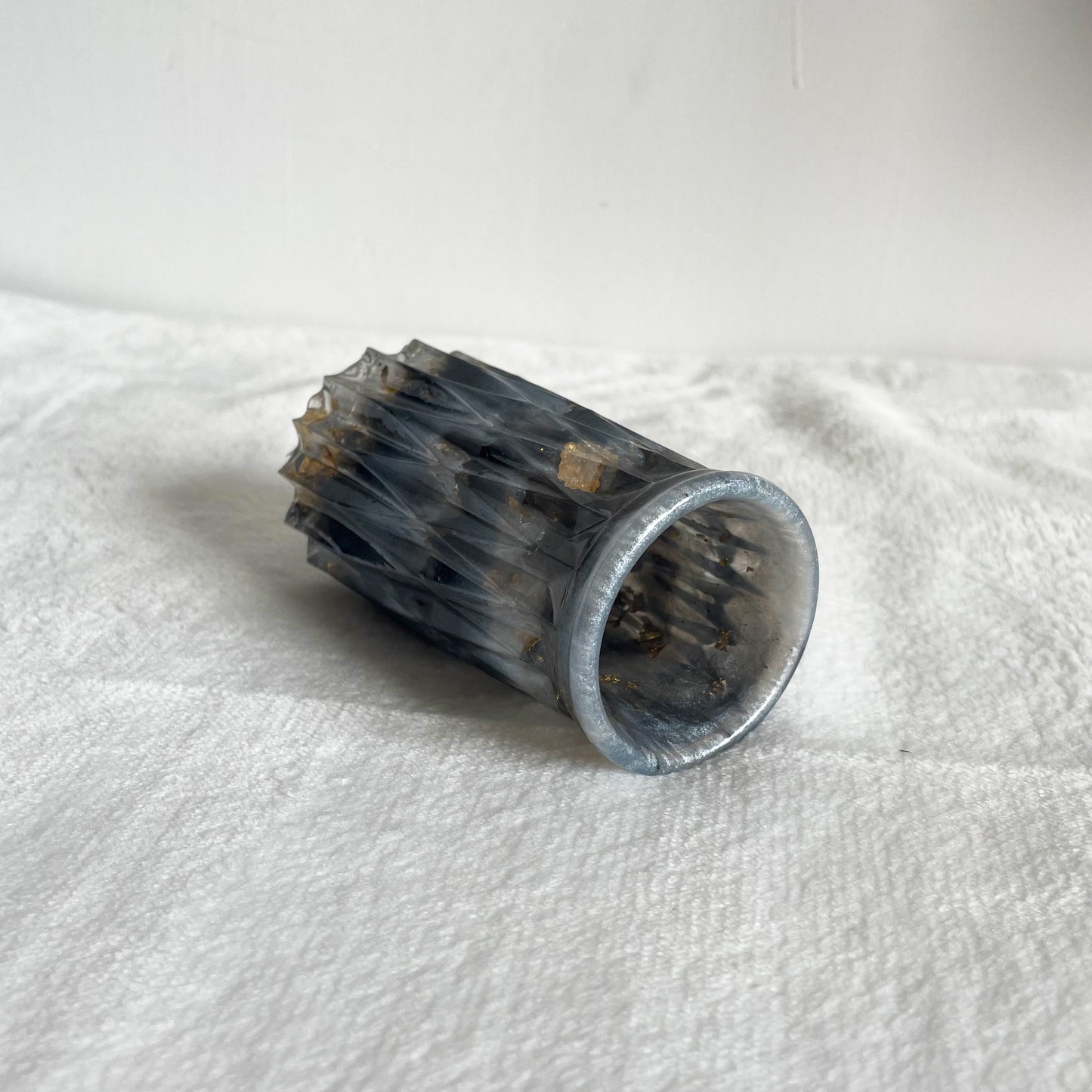 Decorative black and silver marble resin vase handmade with gold accents