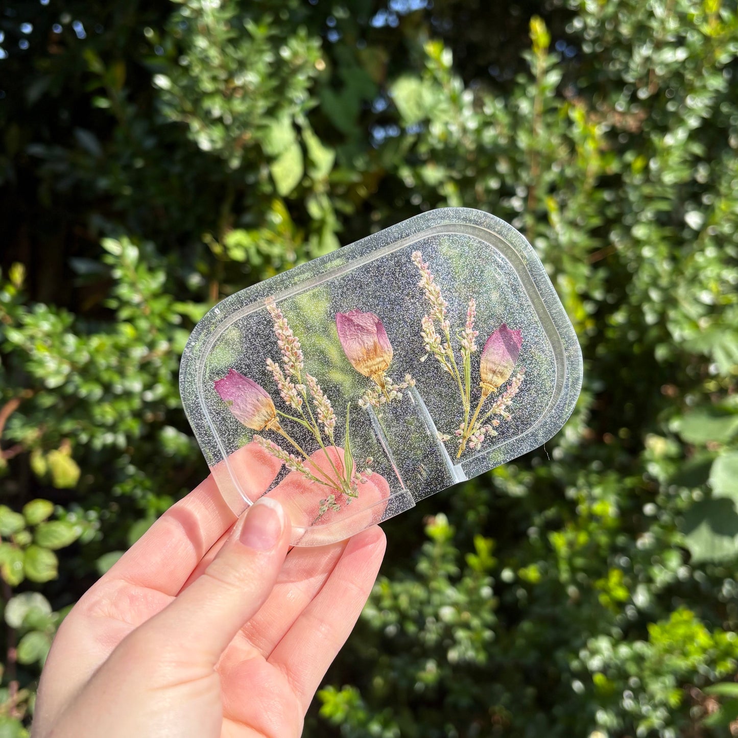 Handmade transparent resin soap dish with real pressed flowers