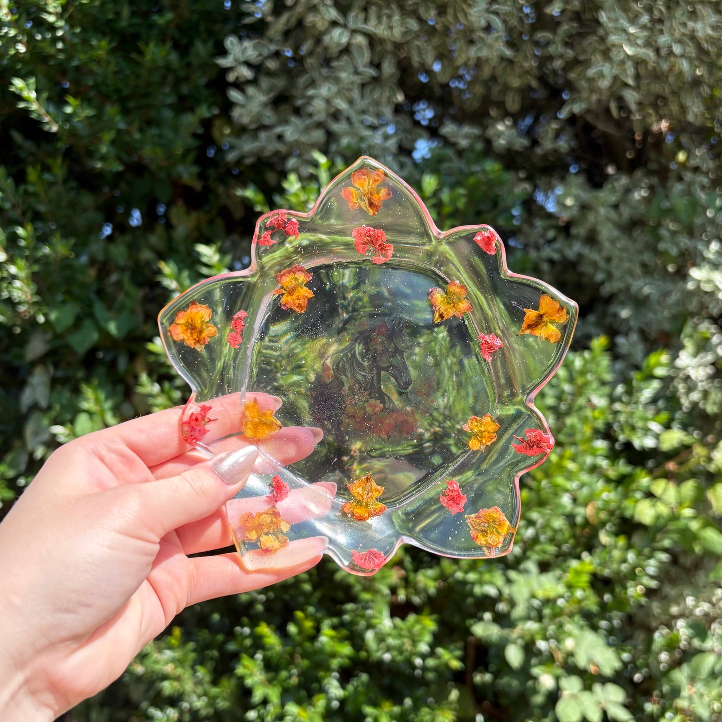 Transparent floral handmade resin dish with horse accent