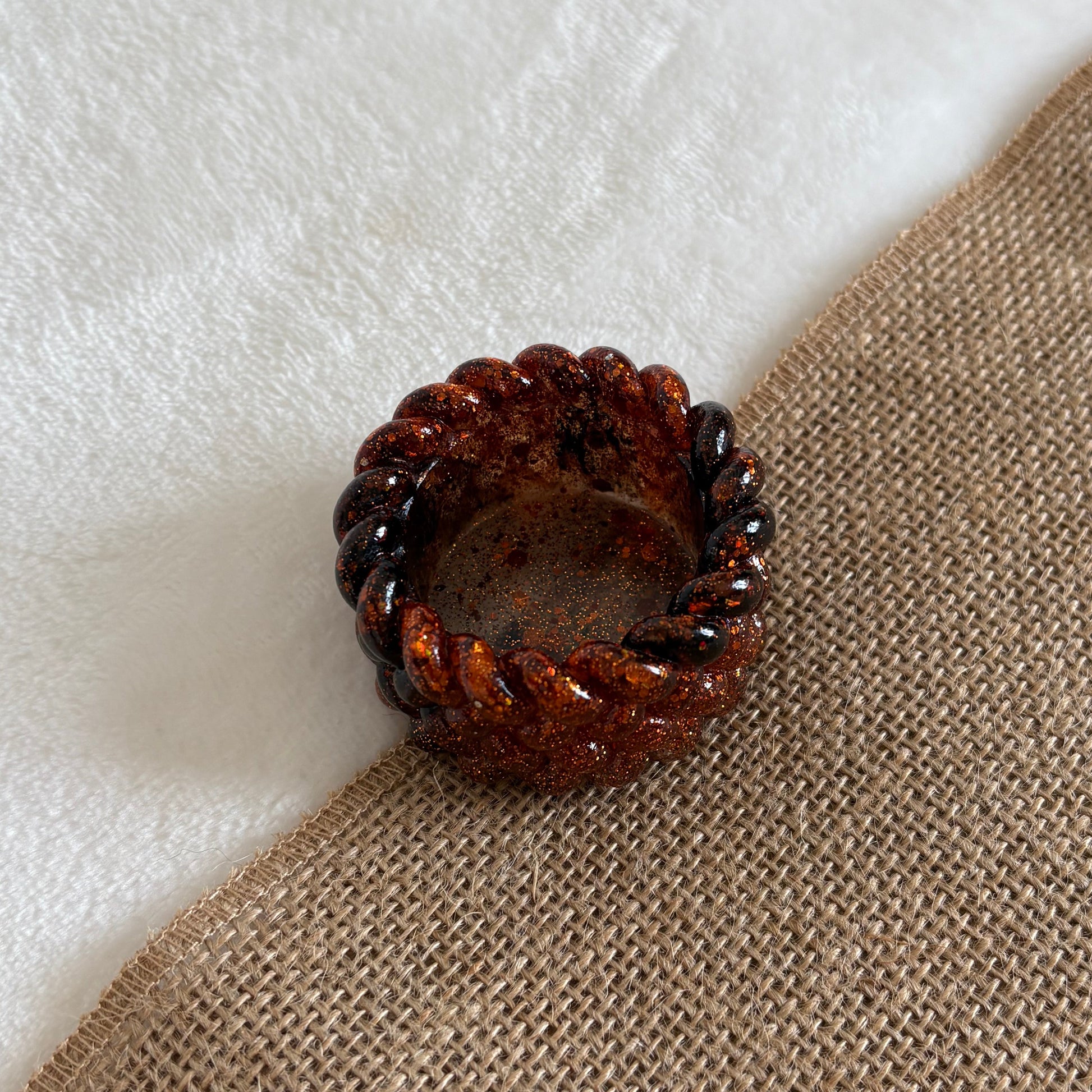 Glossy orange and black resin tealight holder, handmade home accent