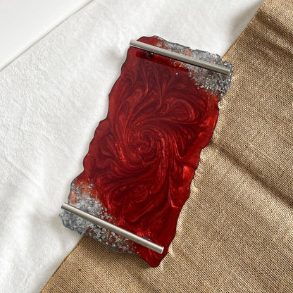 Glossy red silver resin decorative tray, handmade home décor piece