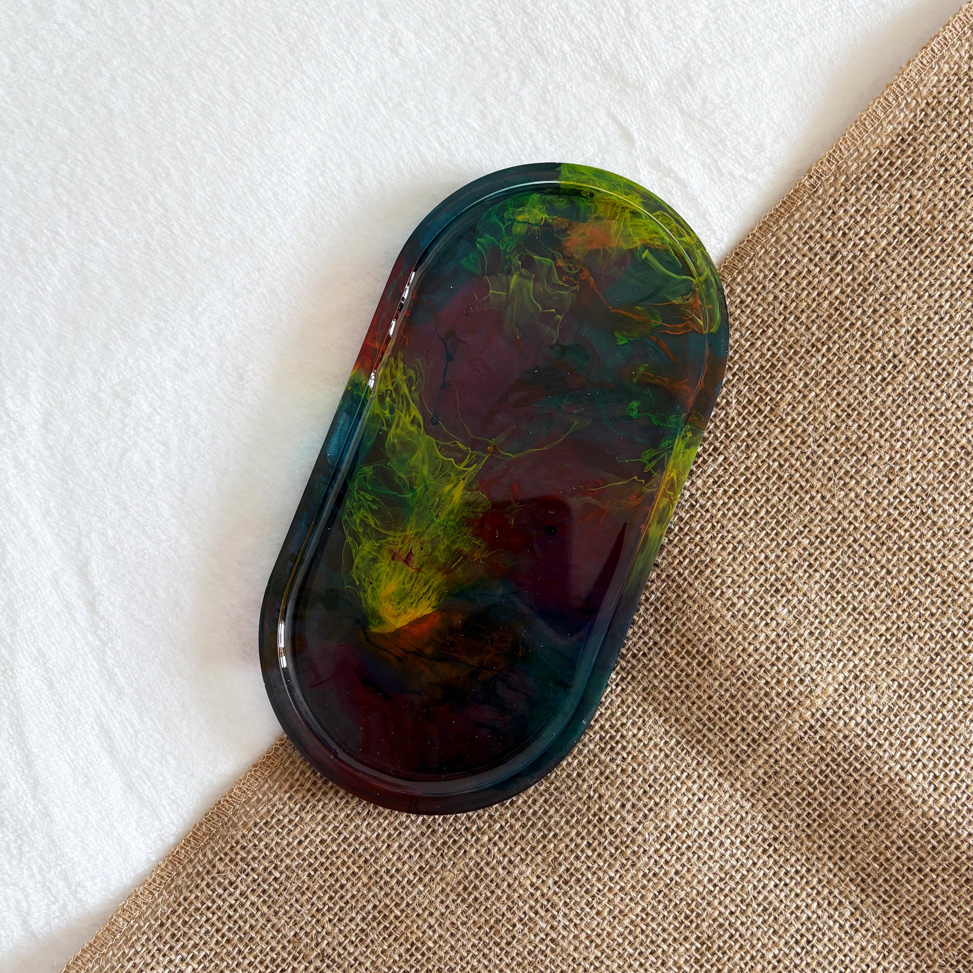 Artistic resin soap dish with multicolour marble ink design