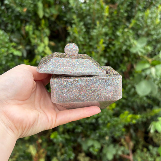 Black glitter resin jewellery box with removable lid