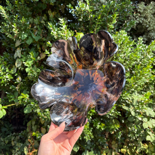 Handmade black and orange marble resin bowl, irregular shape