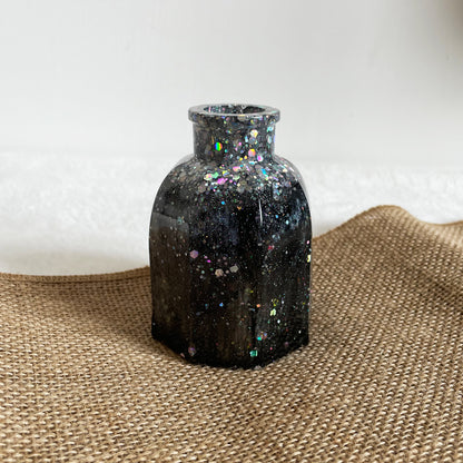 Black and silver resin vase handmade with glitter shimmer
