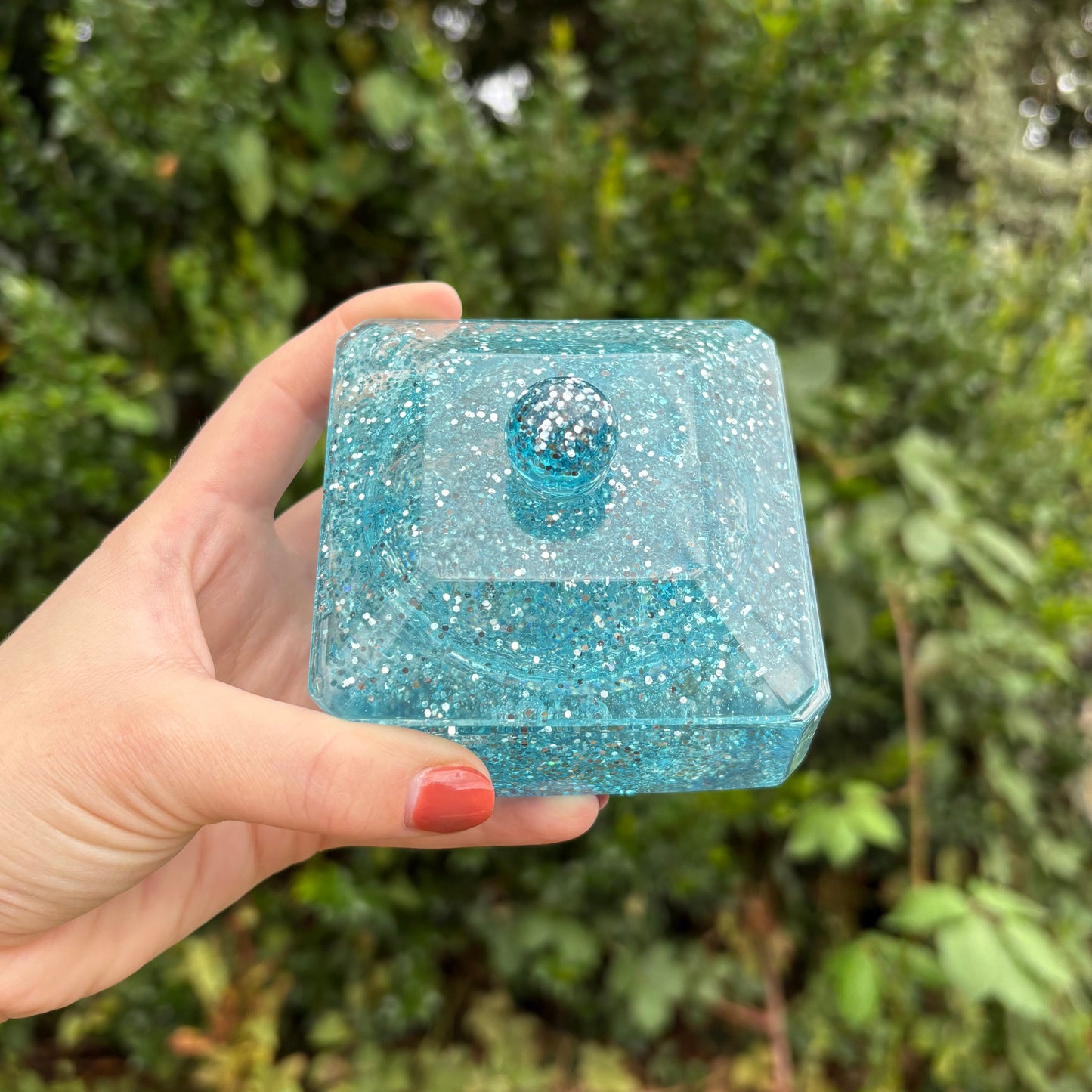 Blue glitter resin jewellery box with removable lid