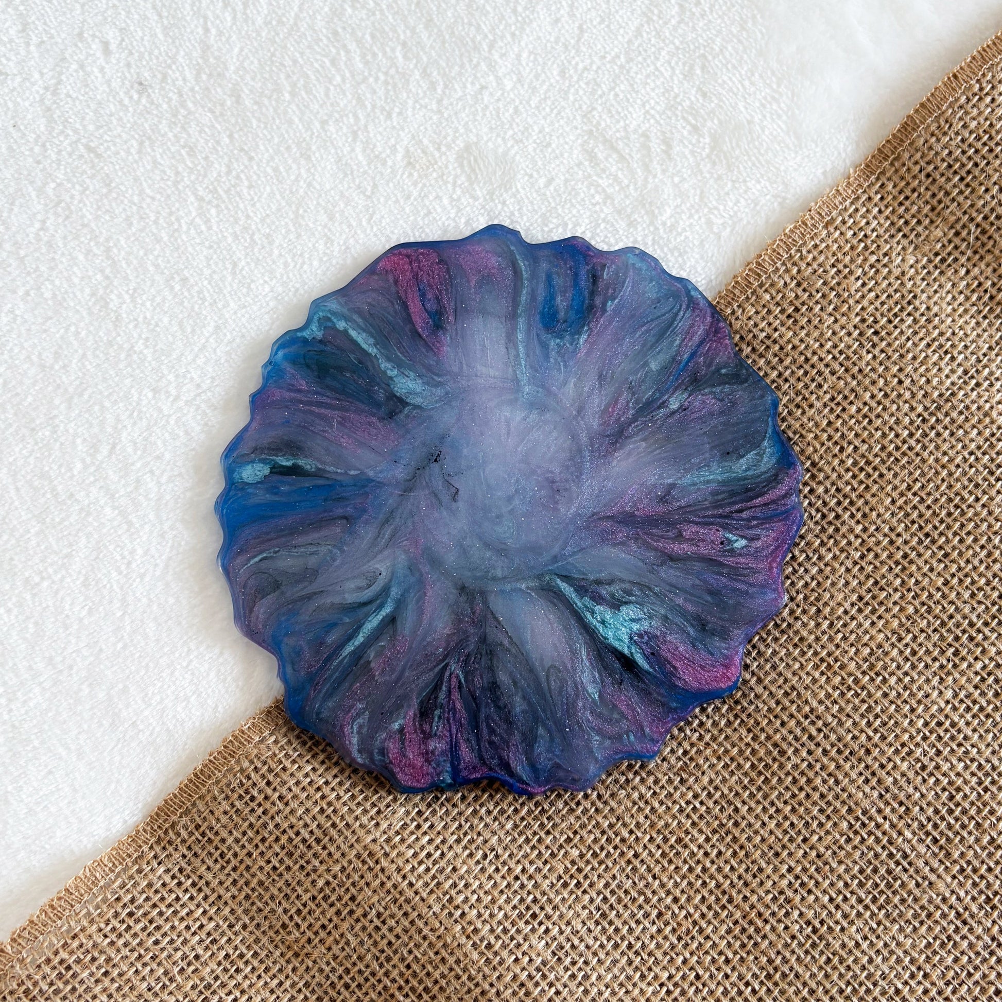 Blue and purple marbled resin coaster, handmade round table décor accent