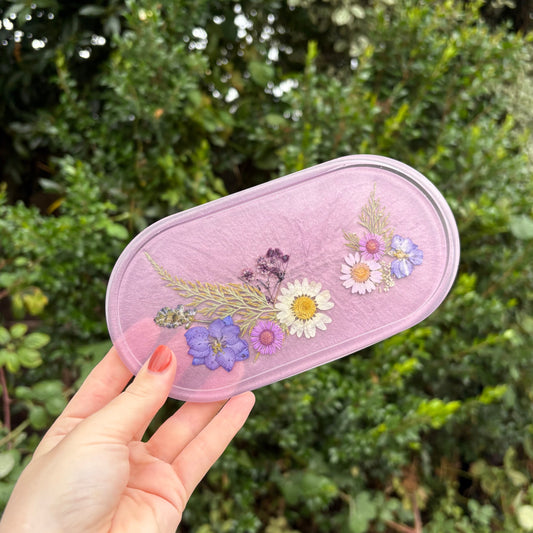 Handmade floral purple resin vanity tray with embedded flowers