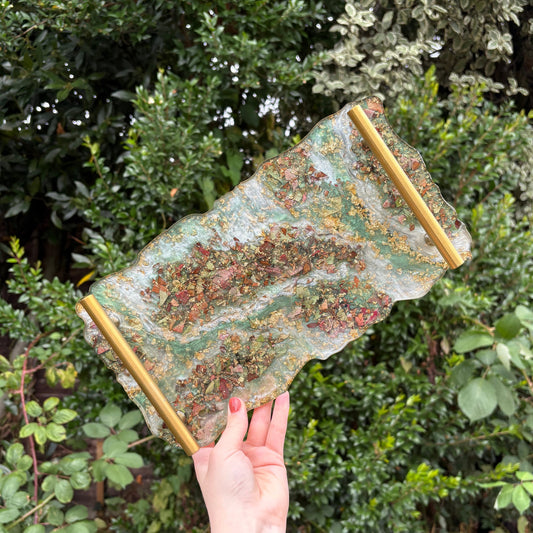 Green and gold resin marble tray, handmade decorative accessory