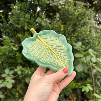 Handmade green and gold leaf resin trinket dish