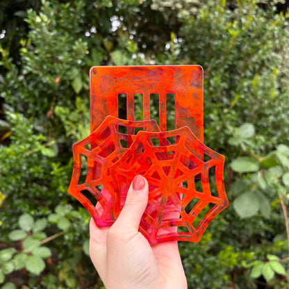 Handmade spooky resin coasters, spider web design set