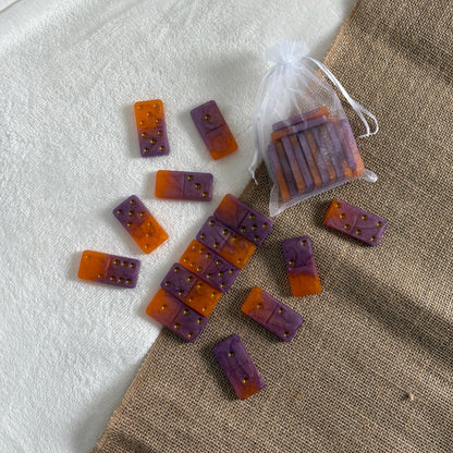 Handmade Halloween resin domino tiles, purple and orange design
