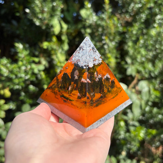Handmade orange resin pyramid paperweight, Halloween decorative accent