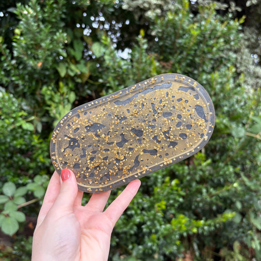 Handmade black resin soap dish with gold marbling