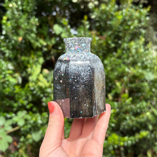 Handmade black and silver ombre glitter resin vase