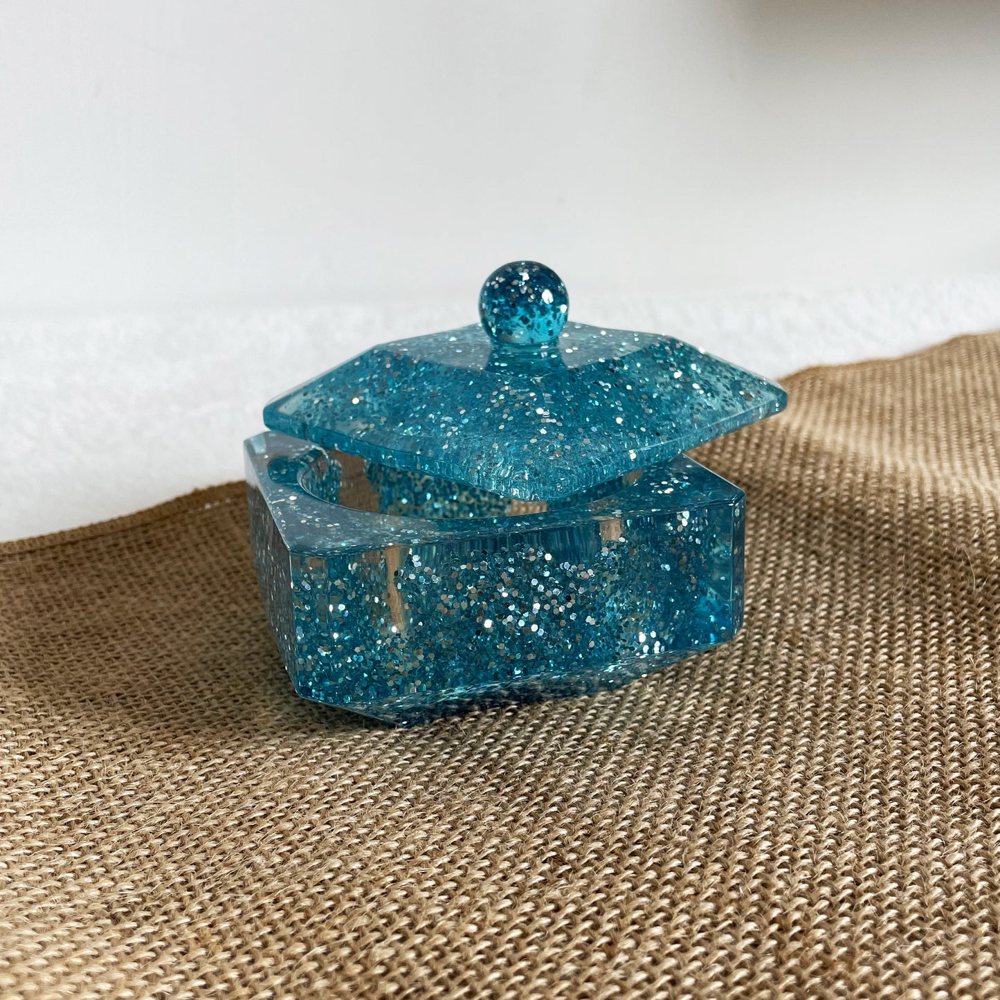 Handmade resin square trinket box blue glitter