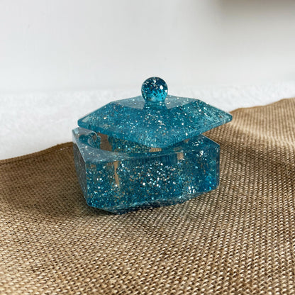 Handmade resin square trinket box blue glitter