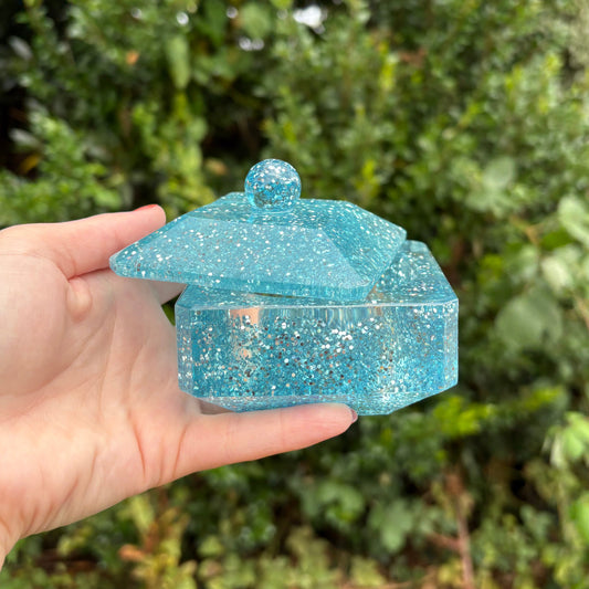 Handmade blue glitter resin trinket dish