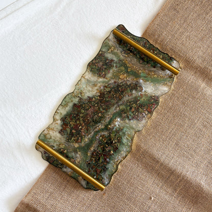 Handmade decorative resin tray, green and gold marble finish