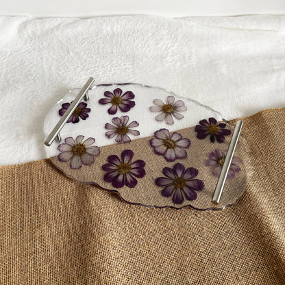 Clear resin tray with embedded flowers, handmade decorative serving tray