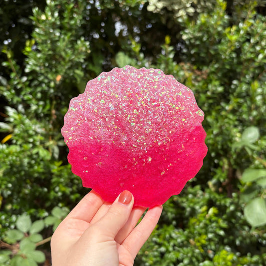 Handmade pink ombre resin coaster with glitter finish, square shape, unique handmade home décor