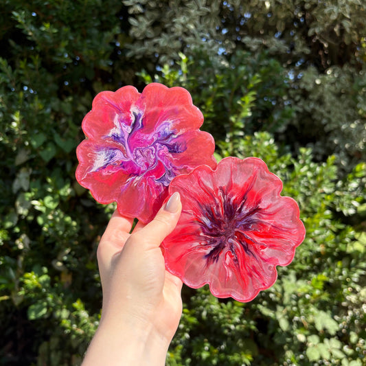 Handmade pink and purple marbled floral resin coaster, irregular shape, unique home décor
