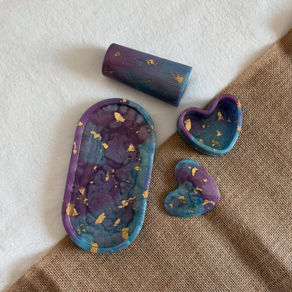Purple blue marble resin décor set, handmade trinket dish and vase