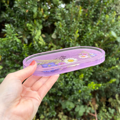 Purple resin jewellery tray with real floral accents