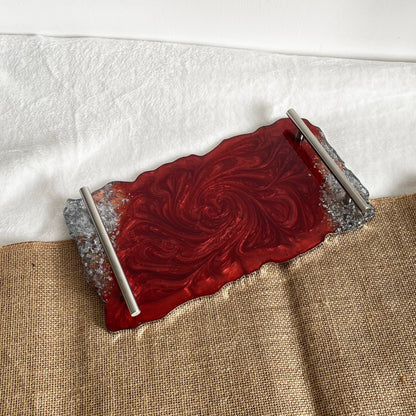 Red and silver marble resin tray, handmade artisan serving tray