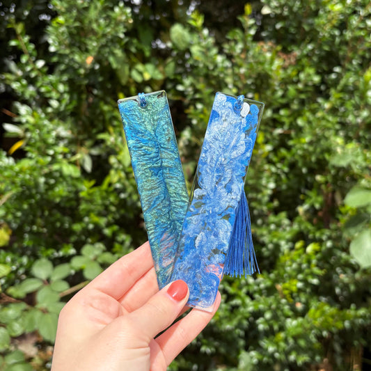 Handmade blue green and white marble resin bookmark, unique handmade gift