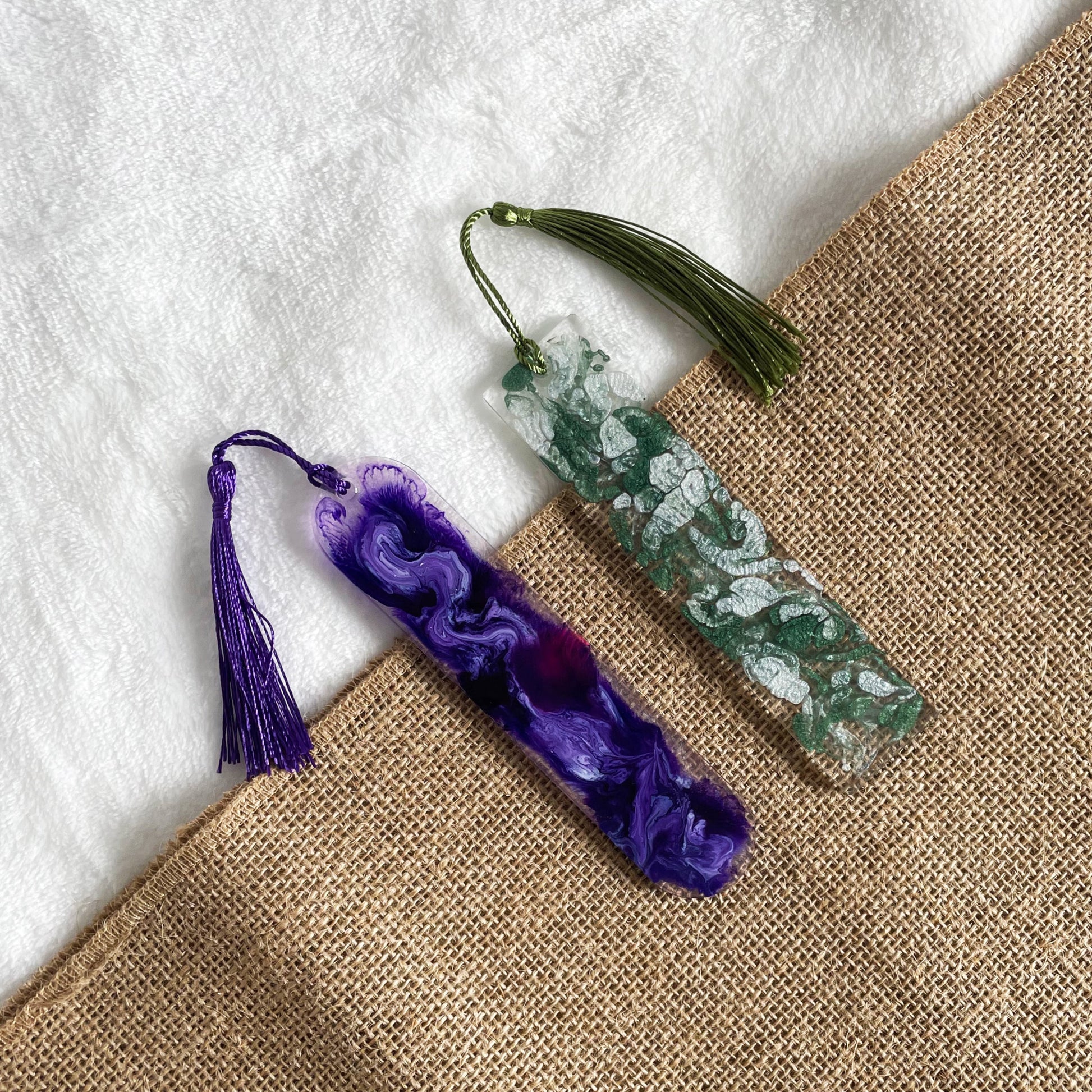 Purple green white resin bookmark, marble design, artisan handmade décor