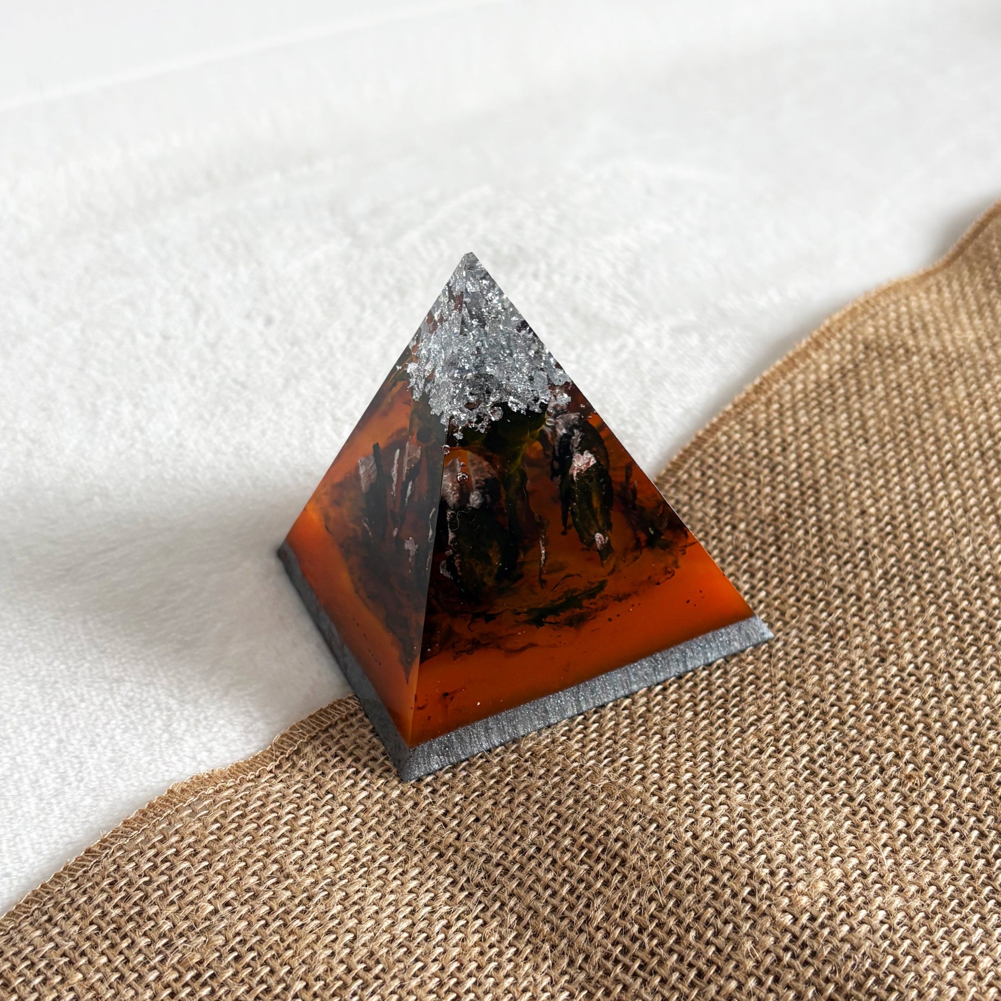 Handmade orange resin pyramid, festive Halloween home décor