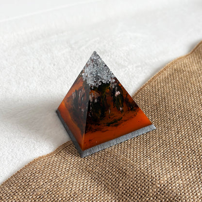 Handmade orange resin pyramid, festive Halloween home décor