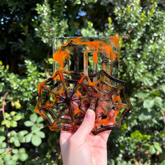 Handmade resin Halloween coasters set with spider’s web design and stand