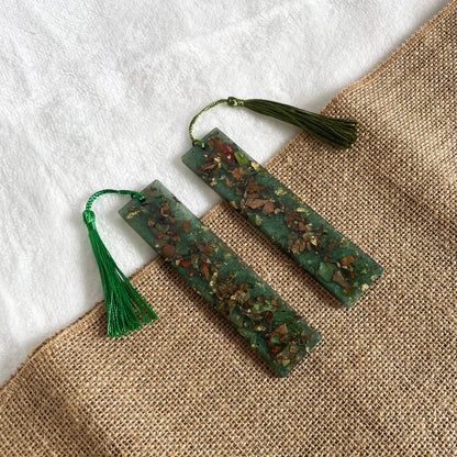 Handmade teal resin bookmark with real rose petals