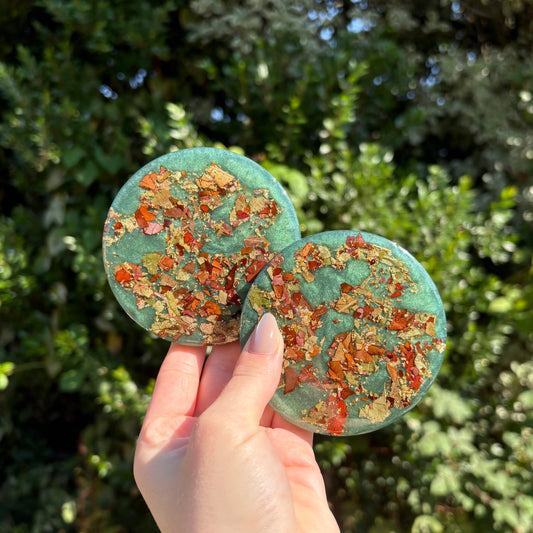 Handmade teal and rose petal resin coaster, round shape, unique handmade home décor