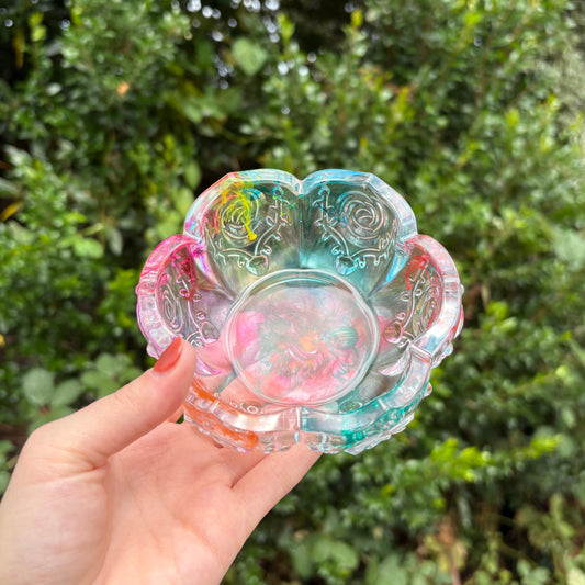 Handmade transparent resin floral dish with multicolour marbling