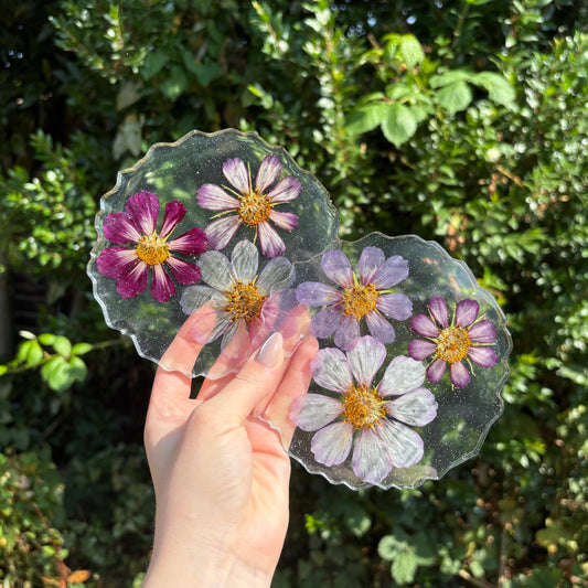 Handmade transparent resin coaster with purple flowers, irregular shape, handmade home décor
