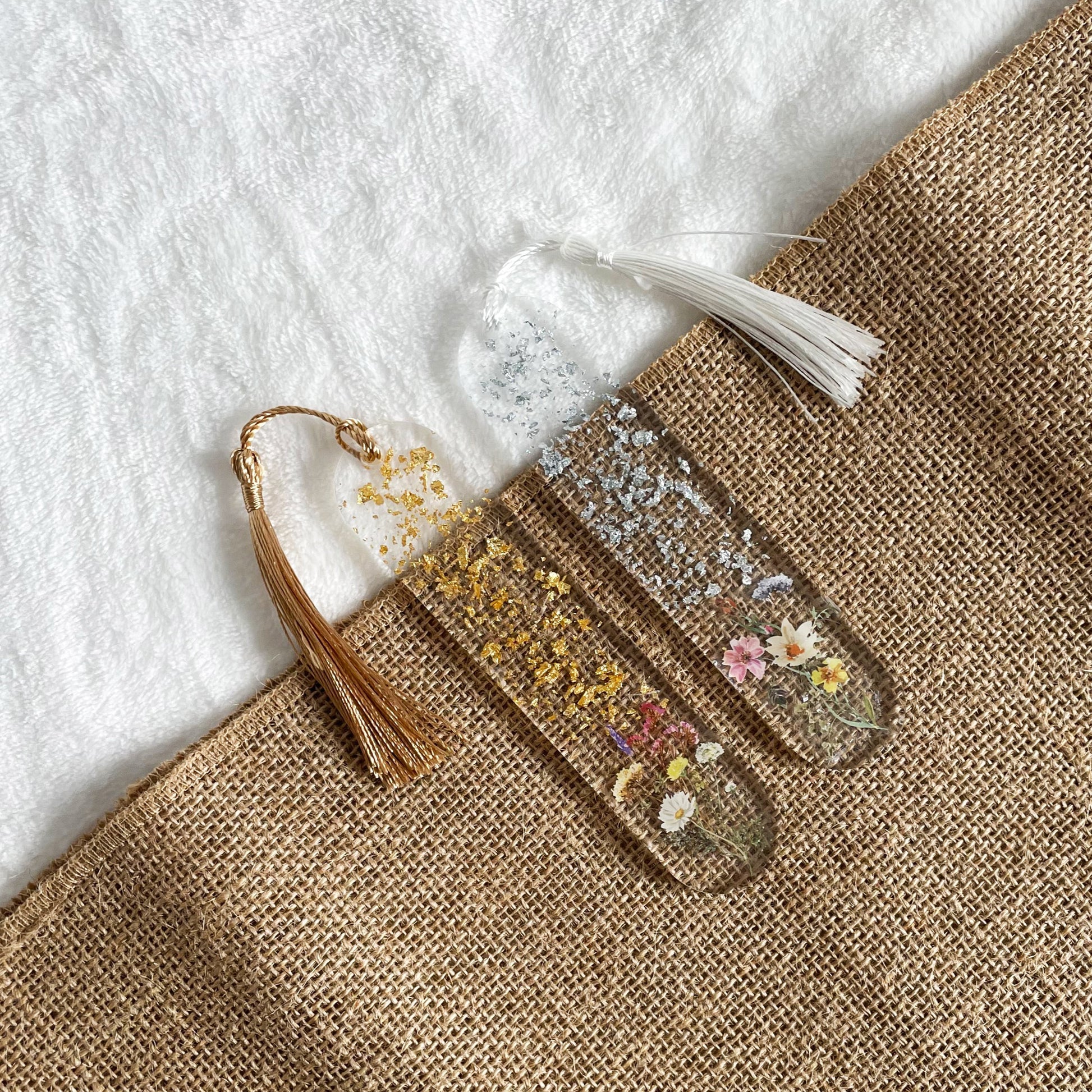 Clear resin floral bookmark with metallic gold and silver leaf, handmade reading accessory