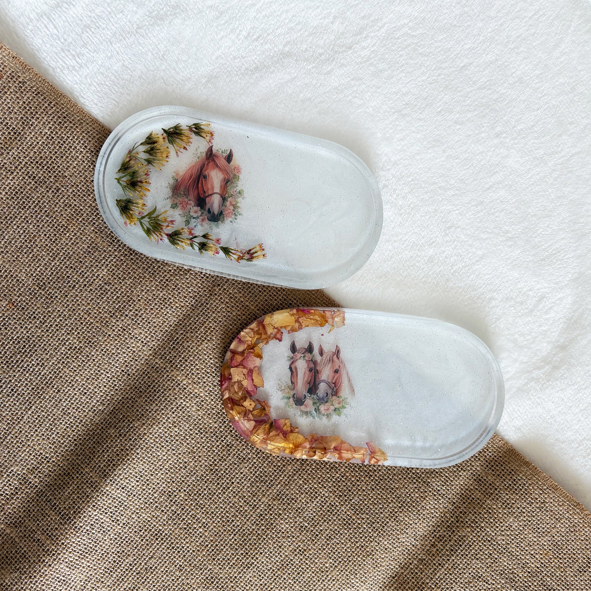 White resin jewellery tray with horse detail, handmade