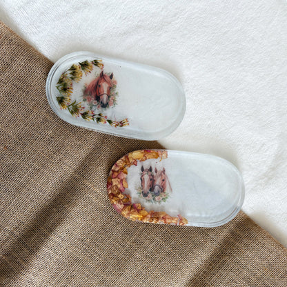 White resin jewellery tray with horse detail, handmade