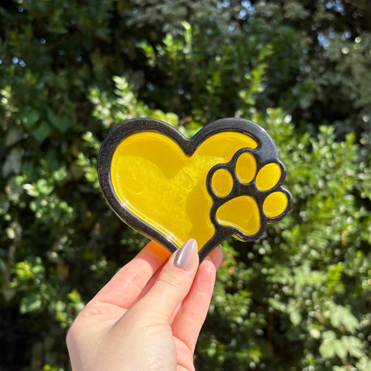 Handmade yellow and black dog paw resin dish tray