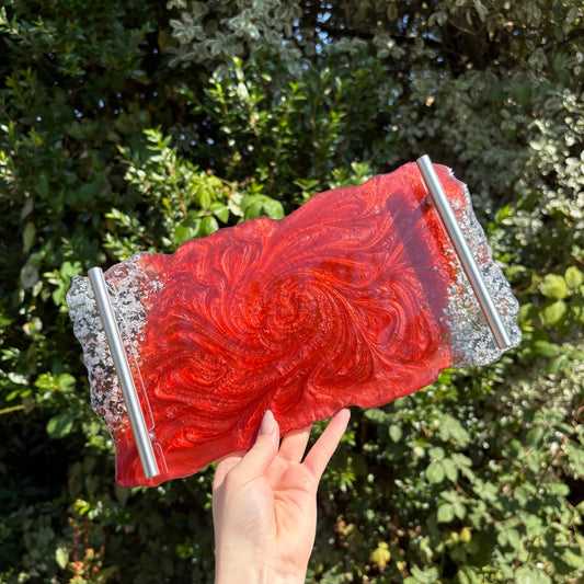 Large handmade red and silver resin serving tray, decorative home décor