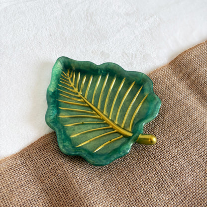 Leaf-shaped green and gold resin trinket dish handmade