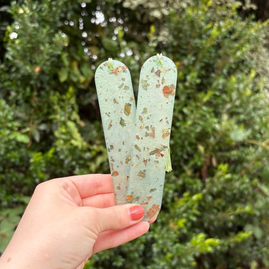 Handmade lime green resin bookmark with real rose petals, unique handmade gift