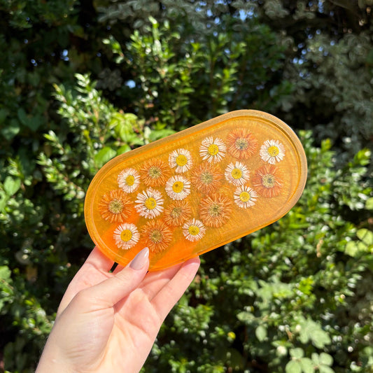 Handmade orange floral resin vanity tray with embedded flowers